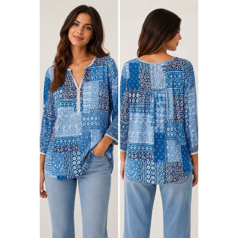 J.McLaughlin Carly Tunic Top SMALL Blue Bandana Patchwork Print Coastal Resort